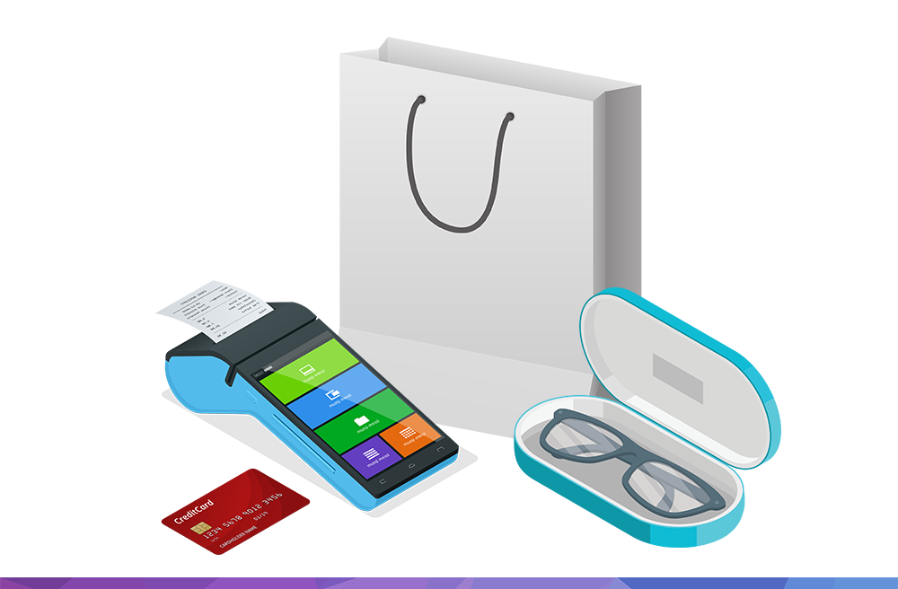 Illustration of a credit card, glasses and a POS terminal