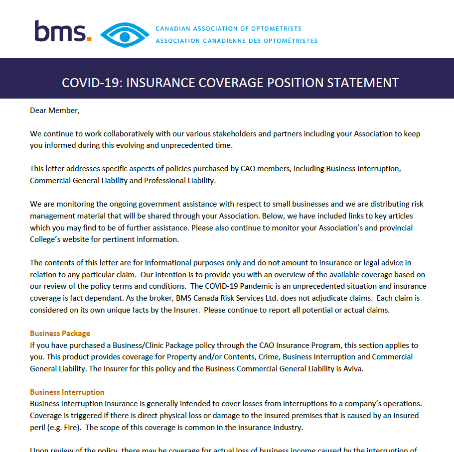 COVID-19 Insurance Coverage Position Statement