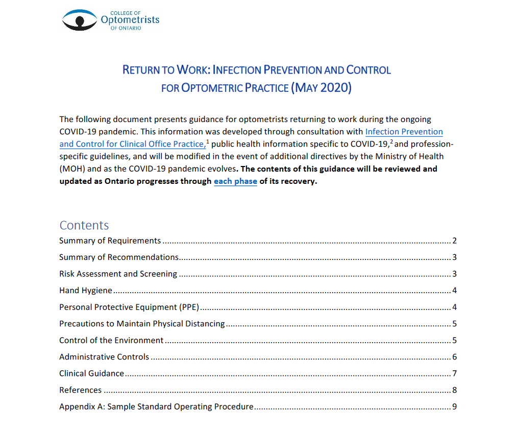RETURN TO WORK:INFECTION PREVENTION AND CONTROL FOR OPTOMETRIC PRACTICE (MAY2020)