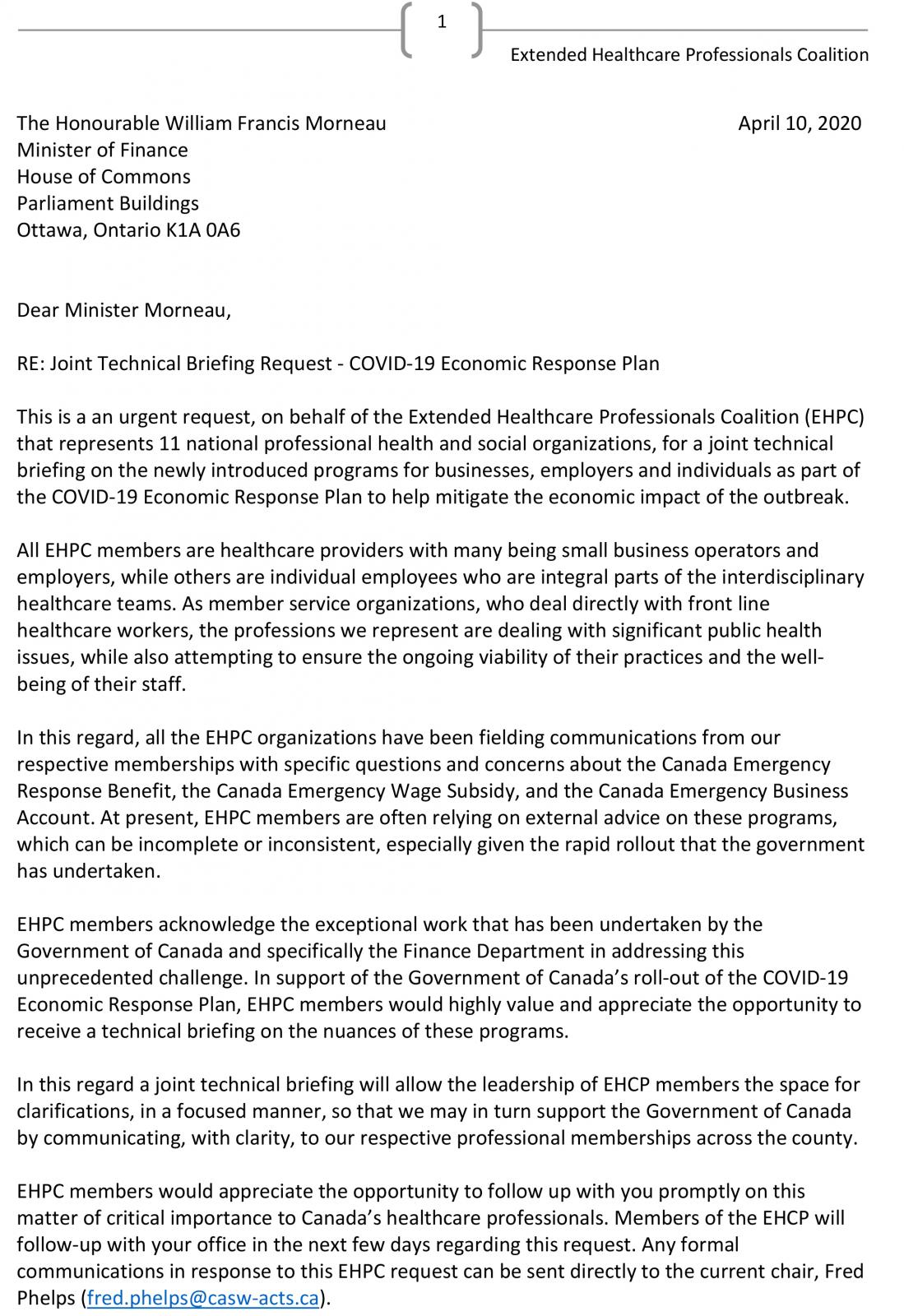 Joint Technical Briefing Request - COVID-19 Economic Response Plan