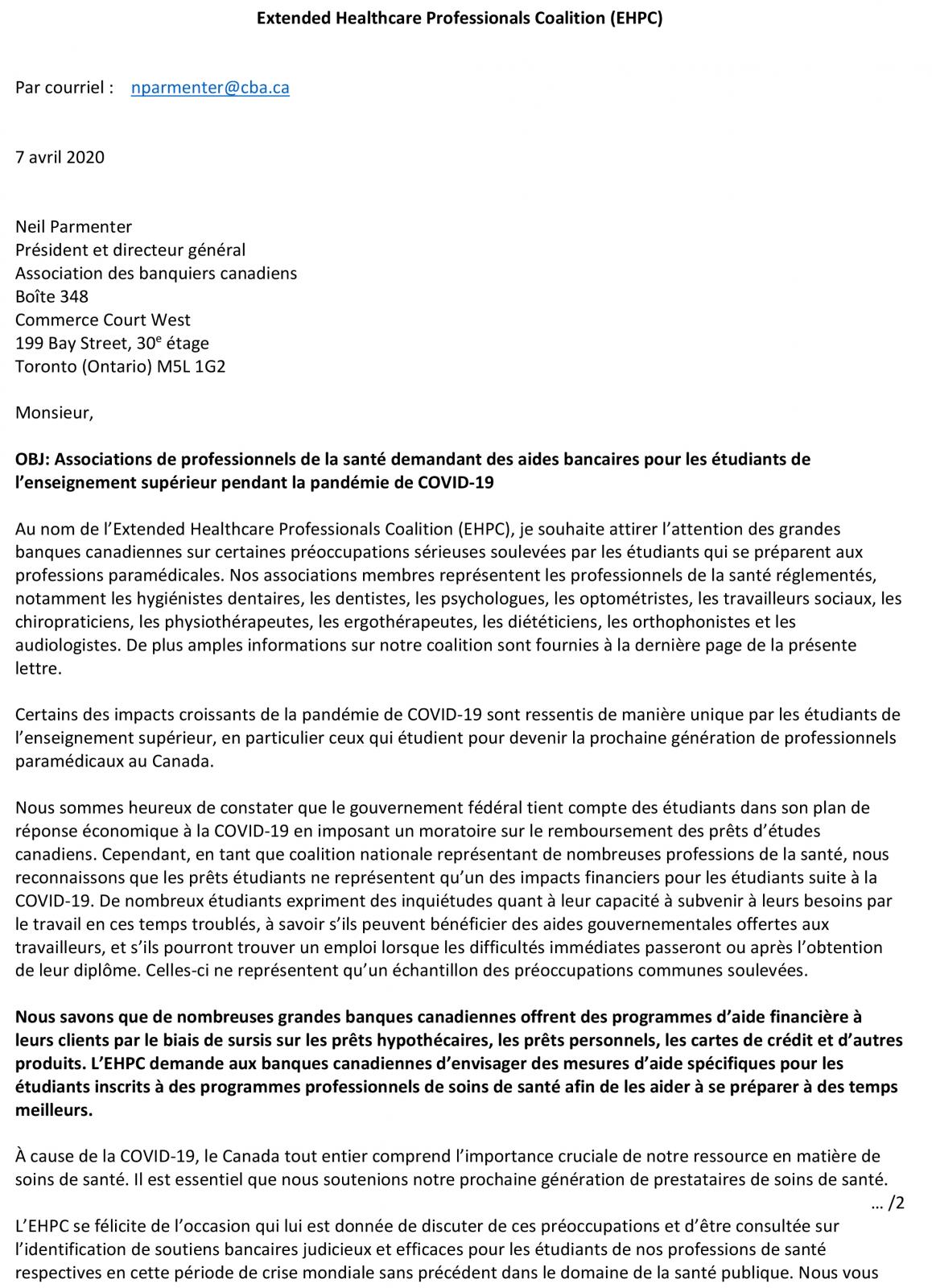 Associations de professionnels de la santé demandant des aides bancaires pour les étudiants de l’enseignement supérieur pendant la pandémie de COVID-19