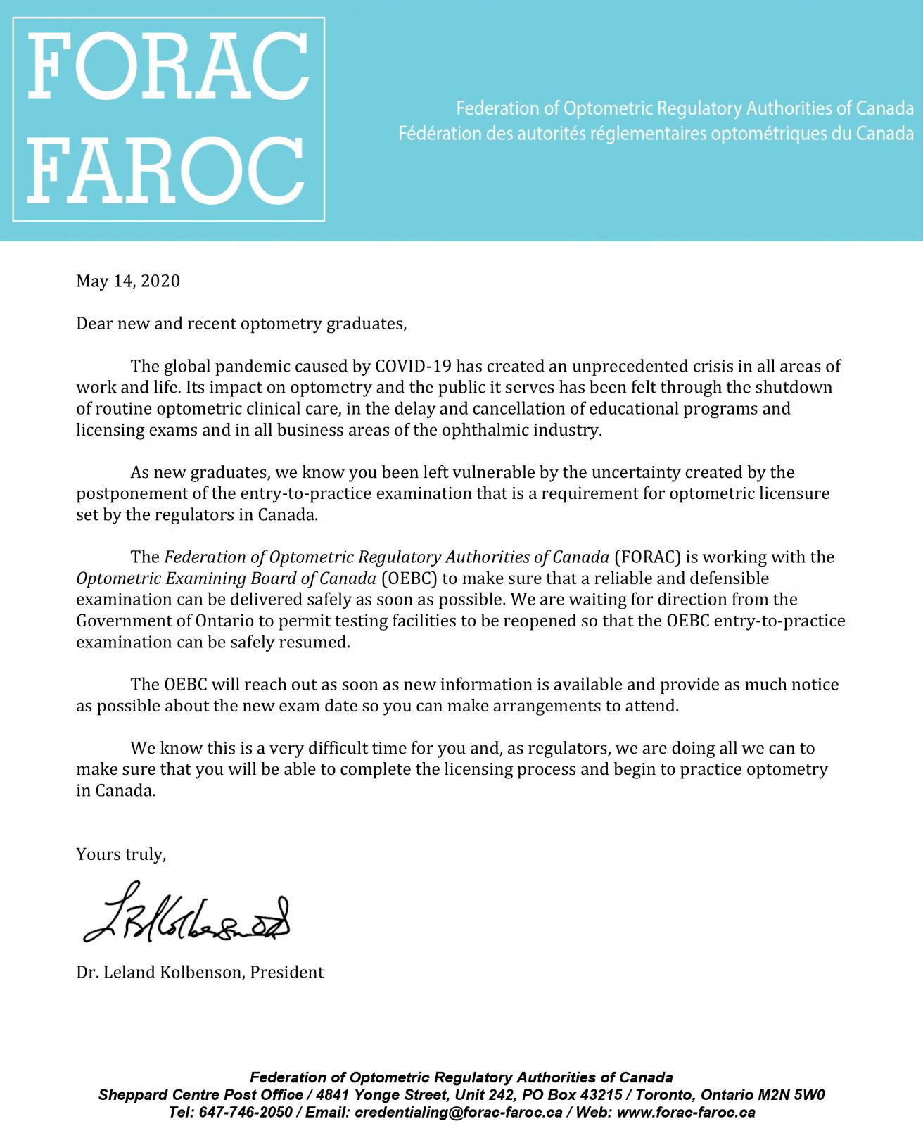FORAC Letter to New Grads RE OEBC Exam