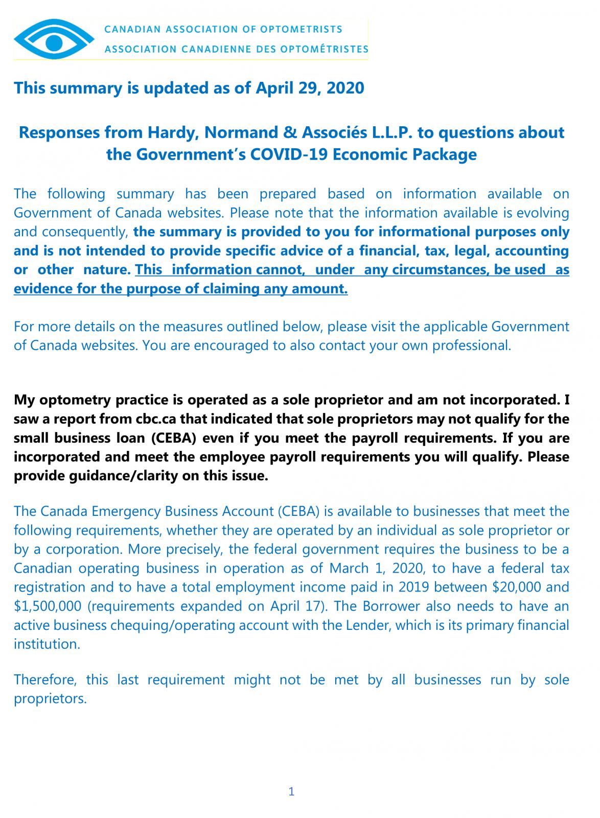 Responses from Hardy, Normand & Associés L.L.P. to questions about the Government’s COVID-19 Economic Package (updated April 29)