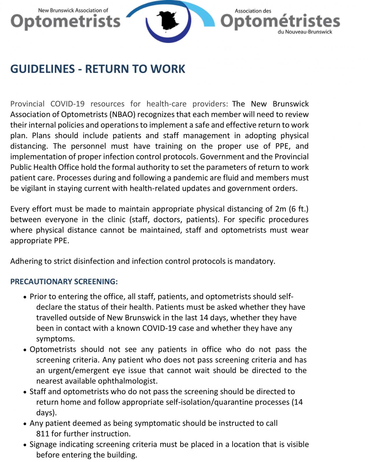  New Brunswick Guidelines - Return to Work