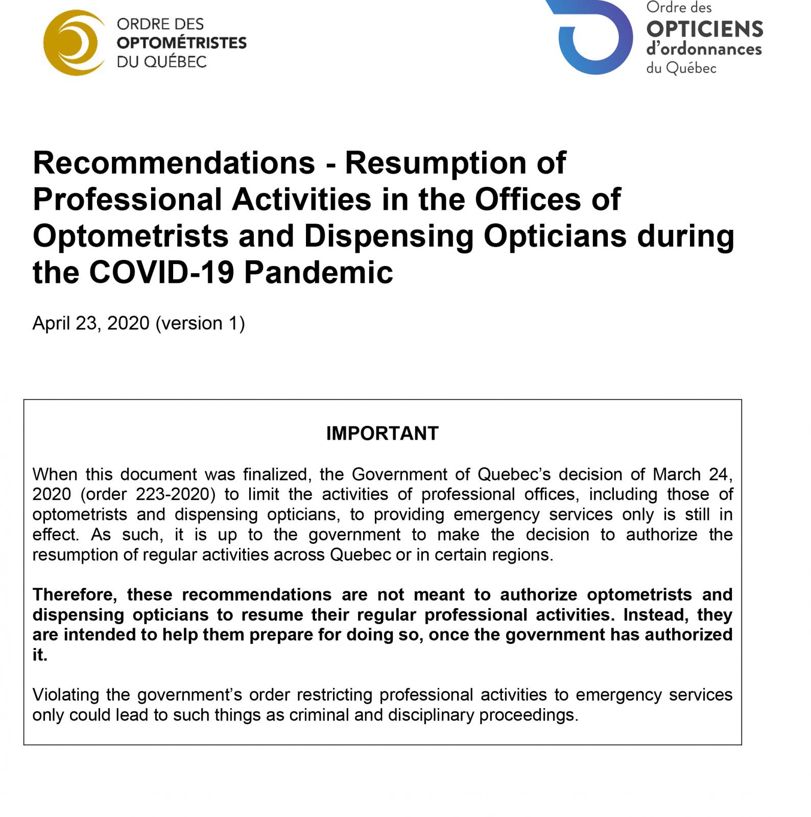 Recommendations - Resumption of Professional Activities in the Offices of Optometrists and Dispensing Opticians during the COVID-19 Pandemic