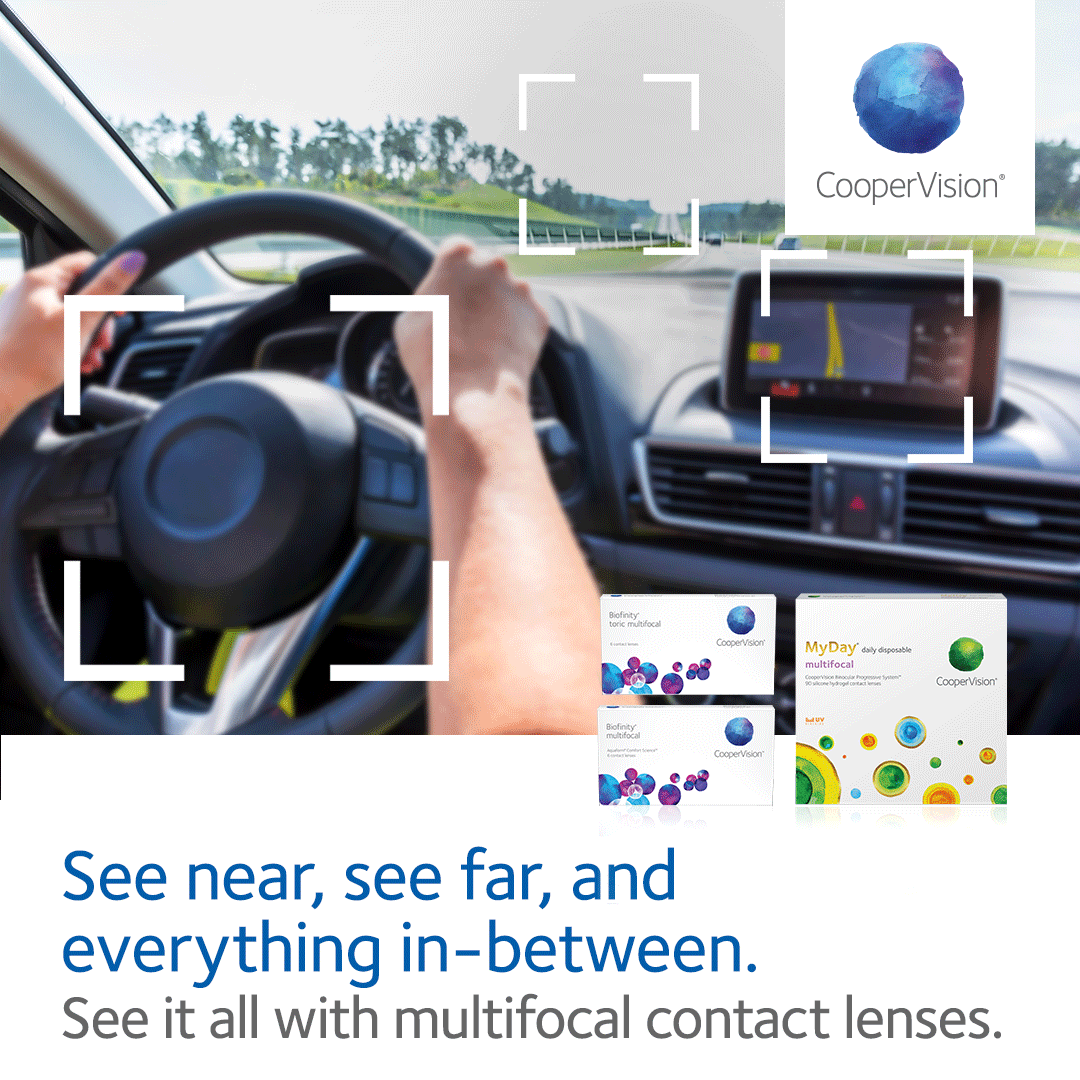 graphic of person behind the wheel, looking at the road ahead. text reads see near, see far, and everything in between. See it all with multifocal contact lenses by CooperVision