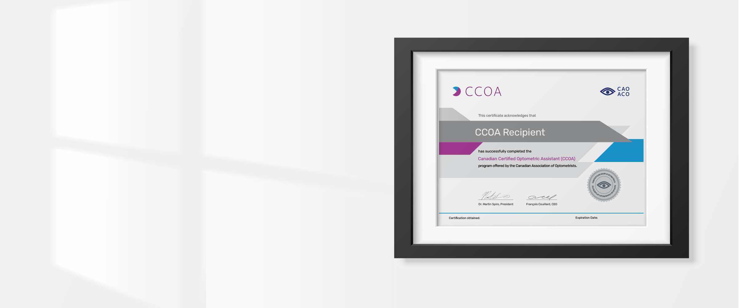 CCOA Certificate displayed on office wall