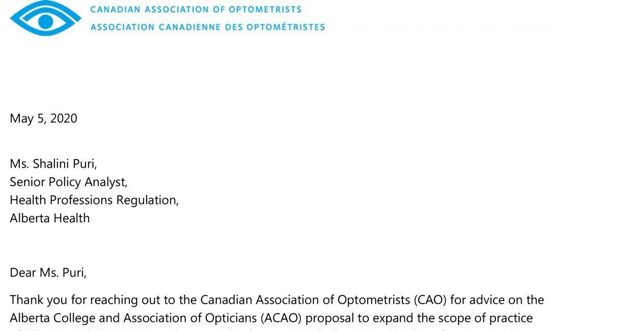 CAO response to Alberta Health review of Opticians’ scope of practice
