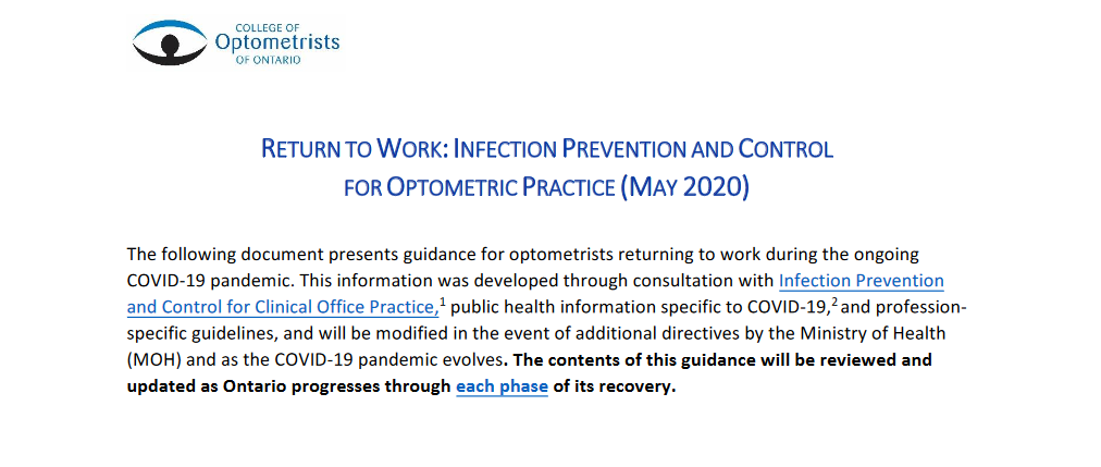 RETURN TO WORK:INFECTION PREVENTION AND CONTROL FOR OPTOMETRIC PRACTICE (MAY2020)